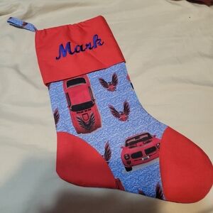 Handmade Red Blue Car Pontiac TRANSAM Christmas Stocking Name Mark Embroidered